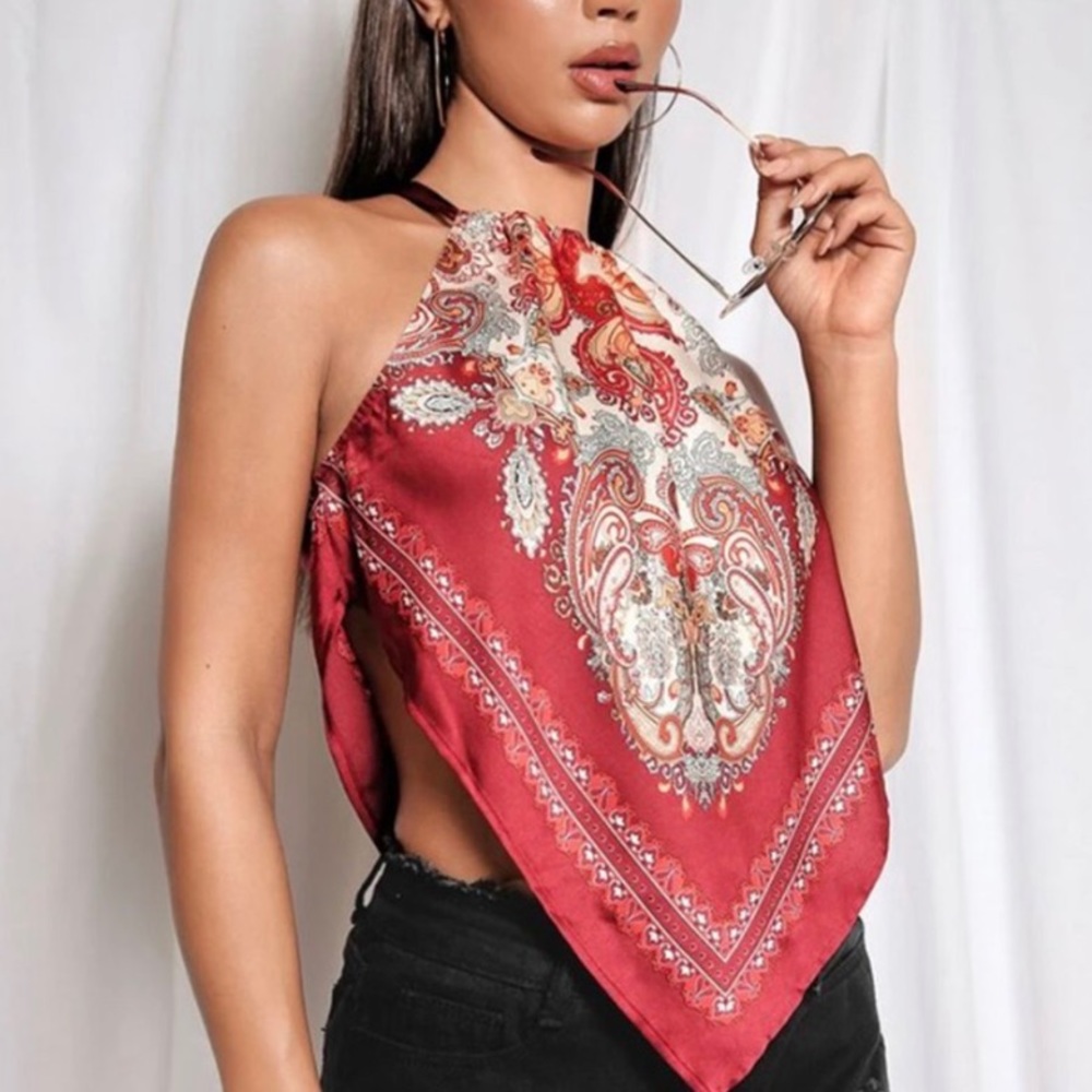 Red Asymmetrical Scarf Halter Print top